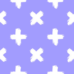 Obraz premium Cute minimalistic seamless pattern with white crosses on lavender background. Rough brush painted vector backdrop. Ink grunge texture. 