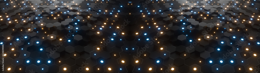 Poster abstract hexagonal geometric ultra wide background. structure of lots of hexagons of carbon fiber wi