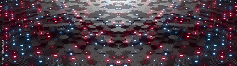 Poster abstract hexagonal geometric ultra wide background. structure of lots of hexagons of carbon fiber wi