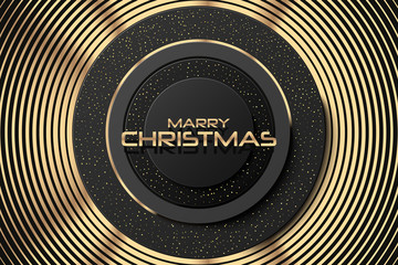 Merry Christmas. Abstract holiday cover banner template. Black background with round shapes. Vector 3d illustration. Congratulation sign. Festive Xmas poster design. Merry christmas card.