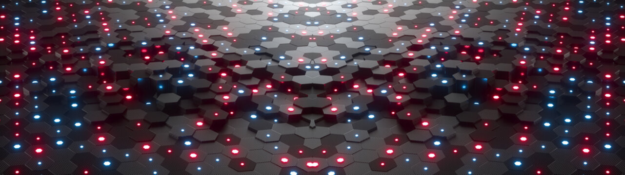 Abstract hexagonal geometric ultra wide background. Structure of lots of hexagons of carbon fiber with small glowing hexagons above. Dark and luminous geometric elements. 3d rendering