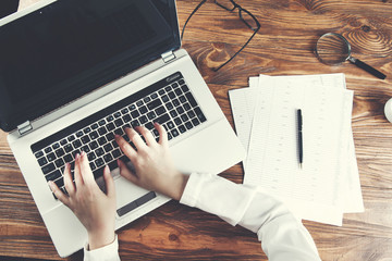 woman hand document with keyboard