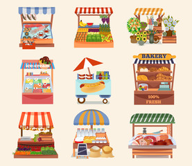 Set of vector flat design street shops. Fresh food on counters. Local farmers market. Bakery, fish, meat, flower, fruit shop, ice cream, hot dog. Vector illustration