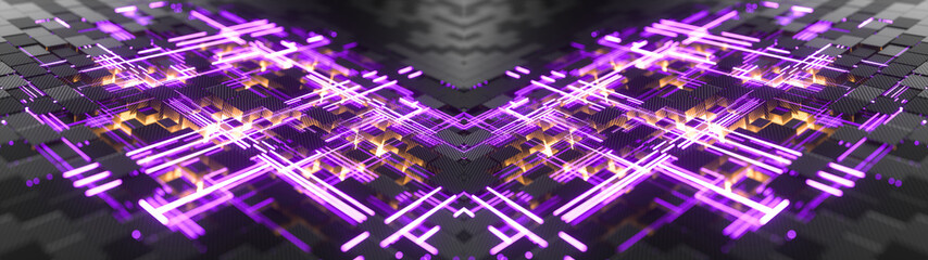 Abstract cubic geometric surface. Connection concept. Structure of lots of carbon fiber blocks with digital glowing lines. Dark and luminous geometric elements with depth of field effect. 3d rendering