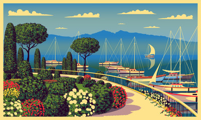 Mediterranean romantic landscape. Handmade drawing vector illustration. All buildings - customizable different objects. Can be used for posters, banners, postcards, books & etc. - obrazy, fototapety, plakaty