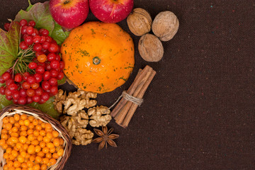 Fototapeta na wymiar Vitamins of autumn. Berries and leaves of viburnum, sea buckthorn, pumpkin, walnuts, red apples, cinnamon and anise on a brown fabric background, top view. Copy save, flatly