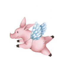 Cute pink pig with angel wings. Isolated on white background. - 228391378
