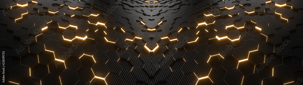 Poster abstract hexagonal geometric ultra wide background. structure of lots of hexagons of carbon fiber wi