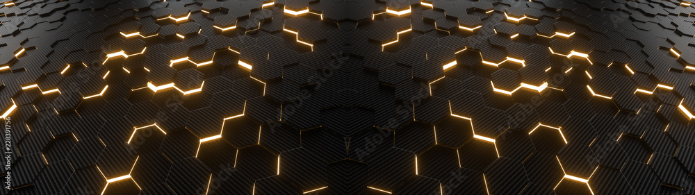 Poster abstract hexagonal geometric ultra wide background. structure of lots of hexagons of carbon fiber wi