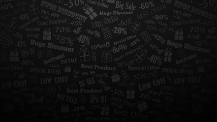 Background on discounts and special offers, made of inscriptions and gift boxes, in black and gray colors