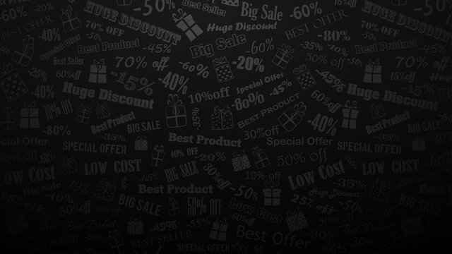 Background on discounts and special offers, made of inscriptions and gift boxes, in black and gray colors