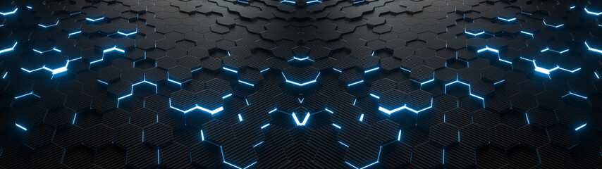 Abstract hexagonal geometric ultra wide background. Structure of lots of hexagons of carbon fiber with bright energy light breaking through the cracks. 3d rendering