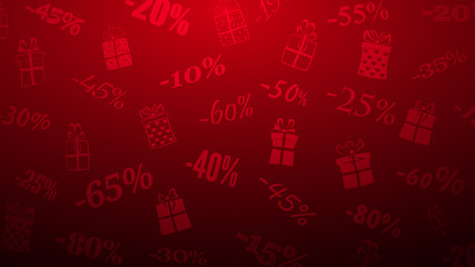 Background on discounts and special offers, made of inscriptions and gift boxes, in red colors