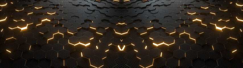 Abstract hexagonal geometric ultra wide background. Structure of lots of hexagons of carbon fiber with bright energy light breaking through the cracks. 3d rendering