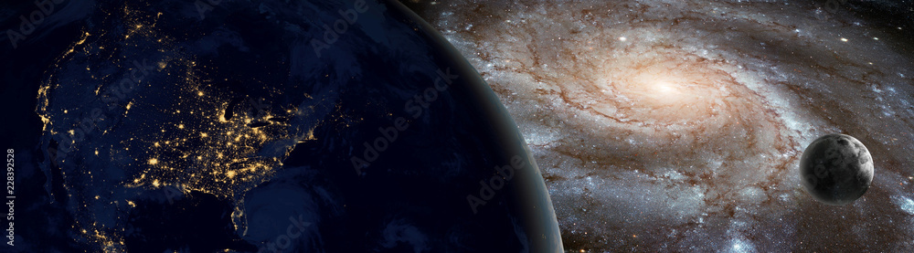 Poster night view of north america against milkyway galaxy with moon - view of earth from outer space with 