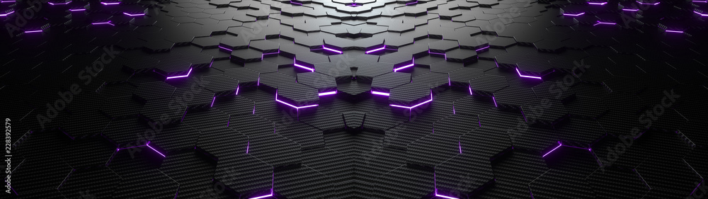 Wall mural abstract hexagonal geometric ultra wide background. structure of lots of hexagons of carbon fiber wi