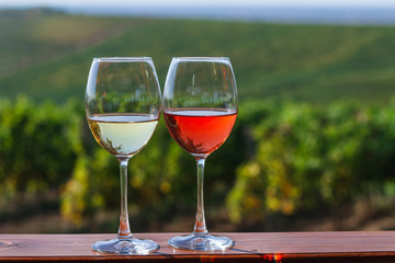 Autumn landscape with glasses of rose and white wine on the background of a vineyard.