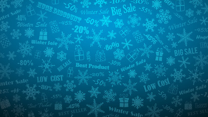 Background on winter discounts and special offers, made of snowflakes, inscriptions and gift boxes, in blue colors