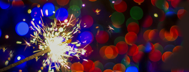 colorful fireworks on bokeh background, blur. banner