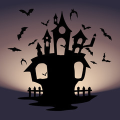 Happy Halloween. Silhouette of the house of horrors and a flock of bats.