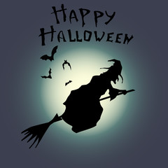 Silhouette of a witch on a broomstick on the background of the moon. Vector illustration