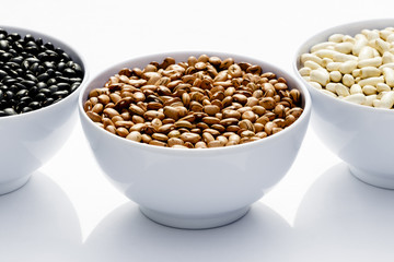 varieties of beans in bowls, white background