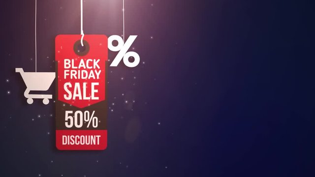 black friday sign hanging on string with shopping cart and percent icon