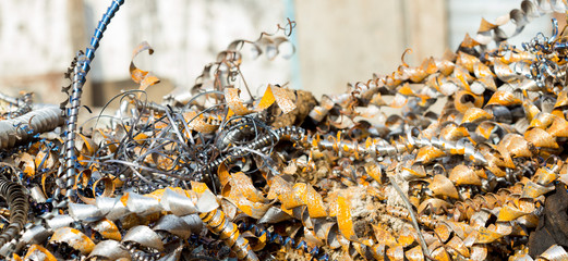 silver spirals of metal shavings as garbage, texture of different size of metal spirals shavings texture, metal shavings texture