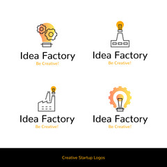 Simple flat line icons Idea Factory creative startup logos,web online concept.Logo of gear,cogwheel,idea bulb,chimney,factory icon in different shapes and compositions