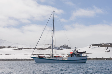 Fototapeta premium Sailing yacht and iceberg in antarctic sea