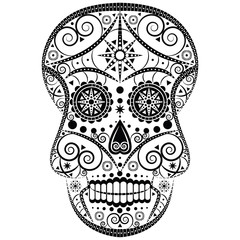 Black and white vector design of Mexican sugar scull Halloween and Day of the Dead symbol with floral, swirly and geometric elements