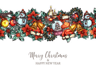 Christmas and happy New Year vector seamless pattern in the form of border made with festive and holiday hand drawn icons. Greeting colorful card with sketch illustration