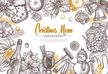 Christmas restaurant festive menu template. Vector sketch hand drawn design for café and reastaurant. Engraving illustration for background