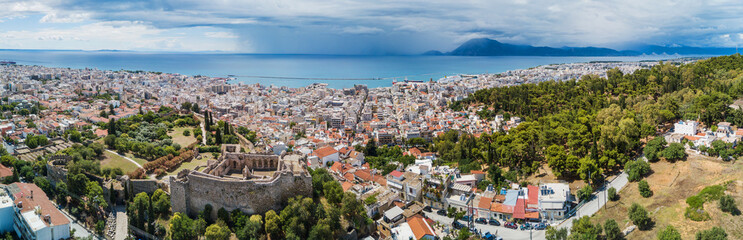 Naklejka na ściany i meble Aerial drone photo of famous town and castle of Patras, Peloponnese, Greece