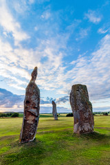 All 3 Standing Stones of Lundin, Leven, Fife, Scotland. With big sky
