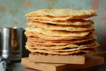 Fresh Puff Cakes for Napoleon Cake Puff pastry for dessert Milfey. French pastries