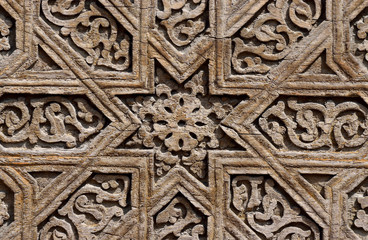 Wooden door floral pattern details of medieval Karakhanid 's tomb in Uzgen,Osh Region, Kyrgyzstan,unesco heritage site