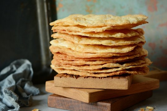 Fresh Puff Cakes for Napoleon Cake Puff pastry for dessert Milfey. French pastries