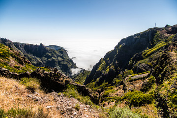 View of beautiful mountains Landscape of trek Pico do Arieiro to Pico Ruivo, Madeira island, Portugal
