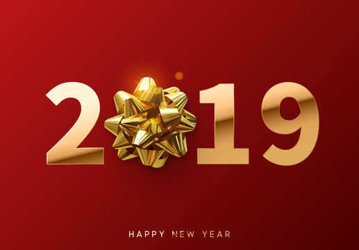 2019 Happy New Year. Gold number with golden gift bow,