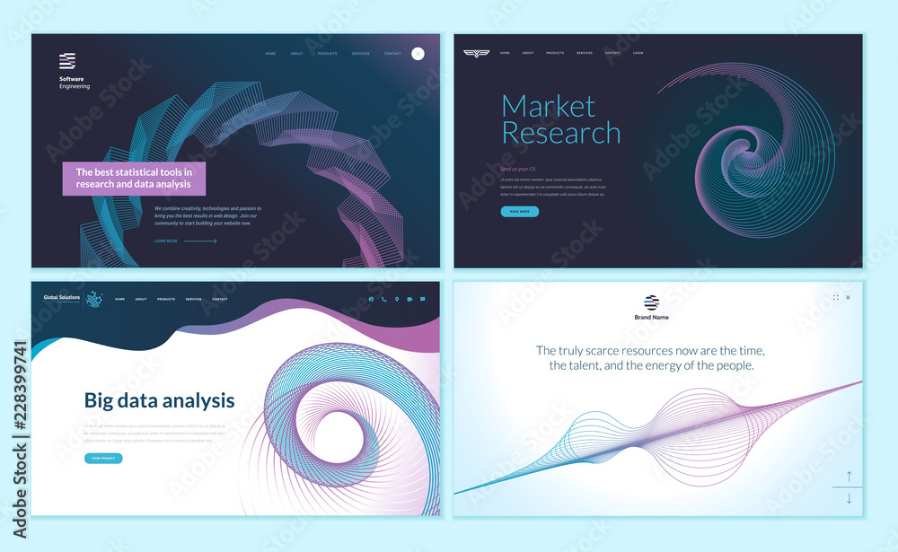 Wall mural set of web page design templates with abstract background for big data analysis, software, market re