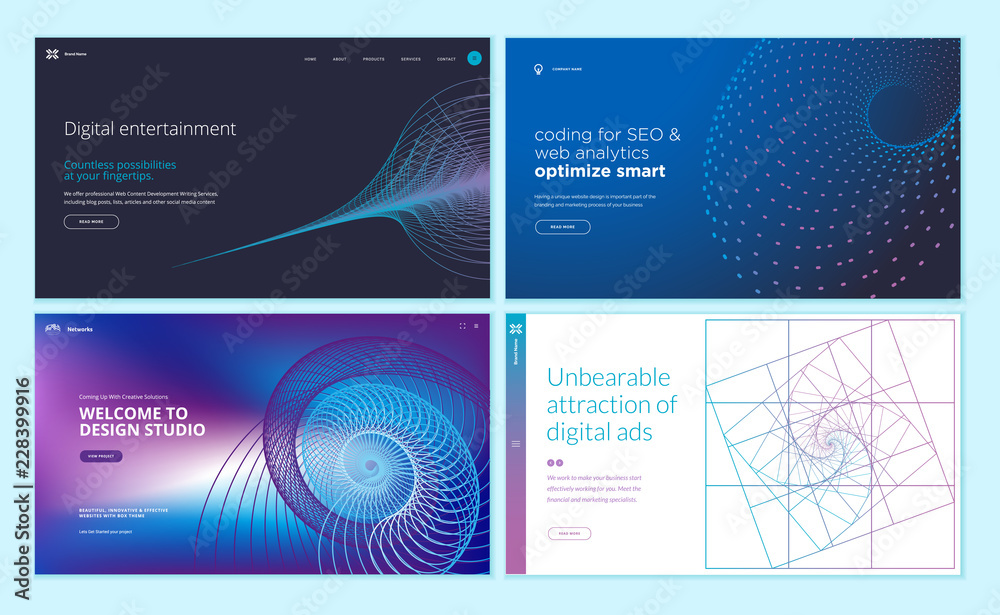 Wall mural set of web page design templates with abstract background for digital entertainment, design studio, 