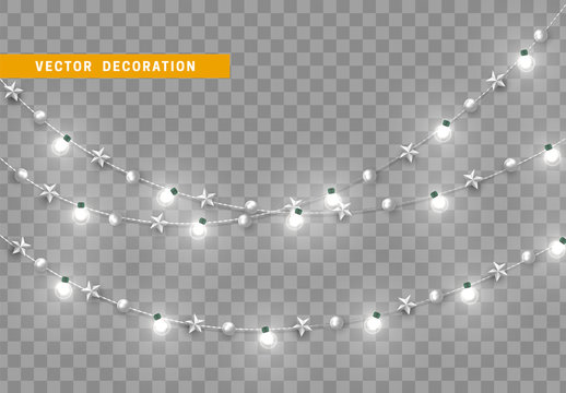 Christmas decorations, isolated on transparent background. White light garlands and star realistic set. Silver Xmas decor. Festive design element