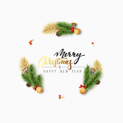 Fototapeta na wymiar Christmas background of a circular frame with pine branches and xmas balls. Handwritten text Merry Christmas and Happy New Year. Holiday greeting card, banner, web poster