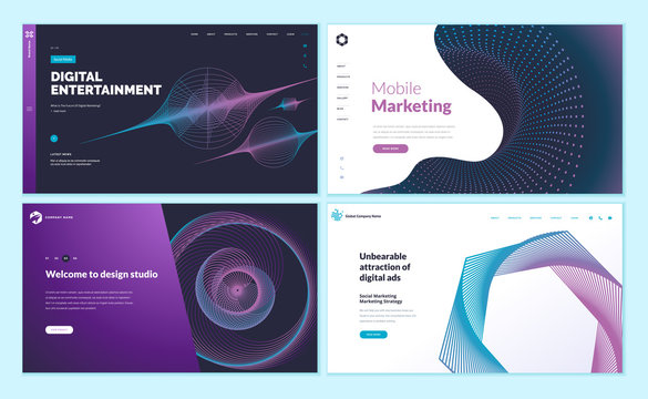 Set of web page design templates with abstract background for mobile marketing, social marketing, design studio, digital entertainment. Modern vector illustration concepts for website development. 