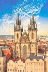 Beautiful view of the Old Town Square, and Tyn Church in Prague, Czech Republic