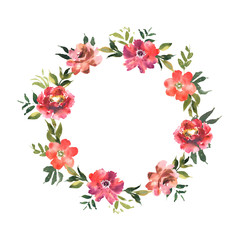 Watercolor wreath with flowers and leaves in circle. Colorful fl