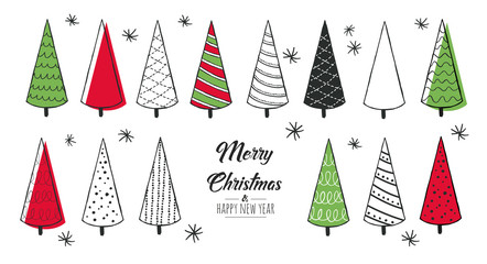 Set of hand drawn christmas tree. Decoration isolated elements. Greeting card red and green. Doodles and sketches vector illustration 