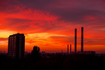 The view from the window on the residential area of Moscow in the evening. Colorful beautiful sunset.