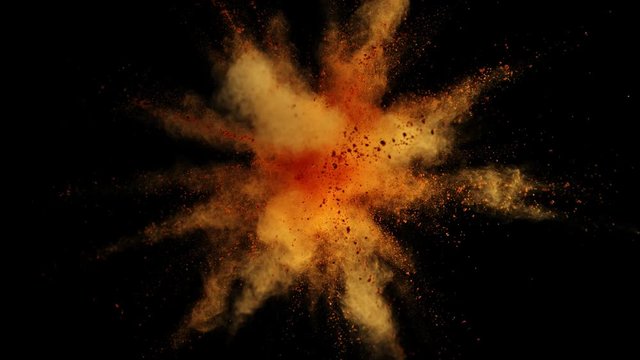 Super slow motion of coloured powder explosion isolated on white background. Filmed on high speed cinema camera, 1000fps.